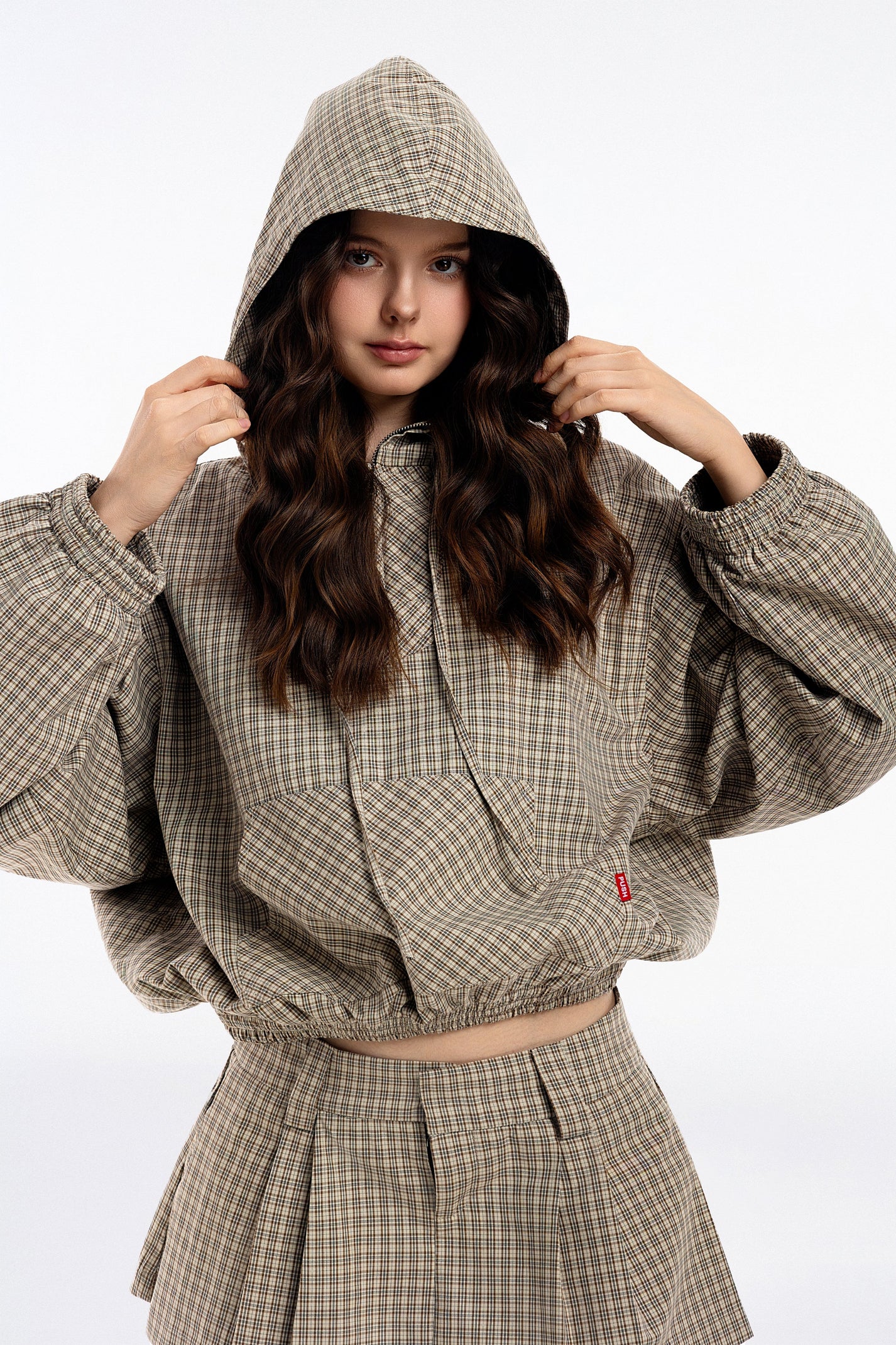 GINGHAM HALF-ZIP HOODIE